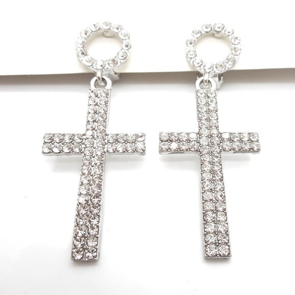 Cross Clip On Hoop Rhinestone Earrings 1.50 - Picture 1 of 2